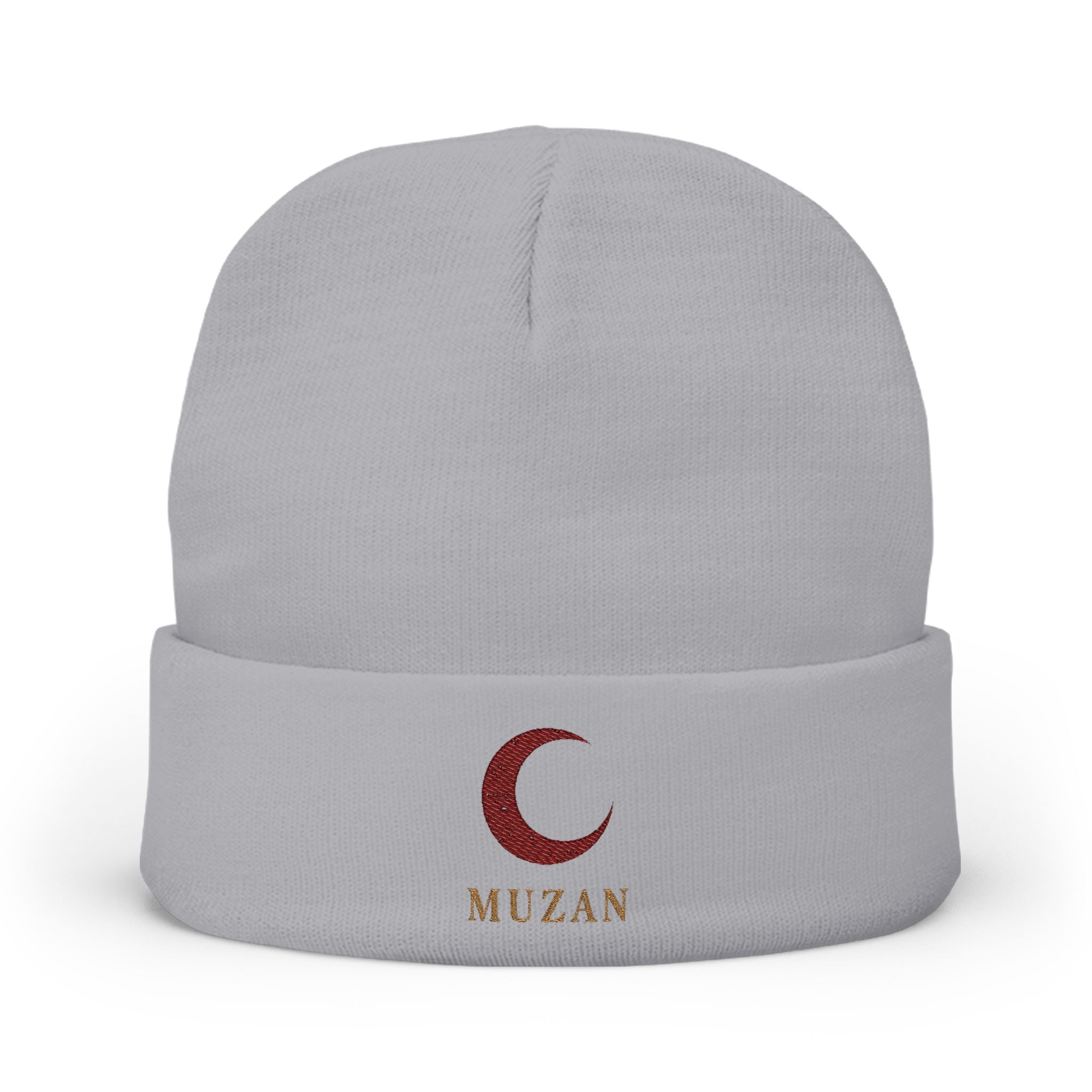 Red Crescent Moon Embroidered Knit Beanie | MUZAN embroidered cuff