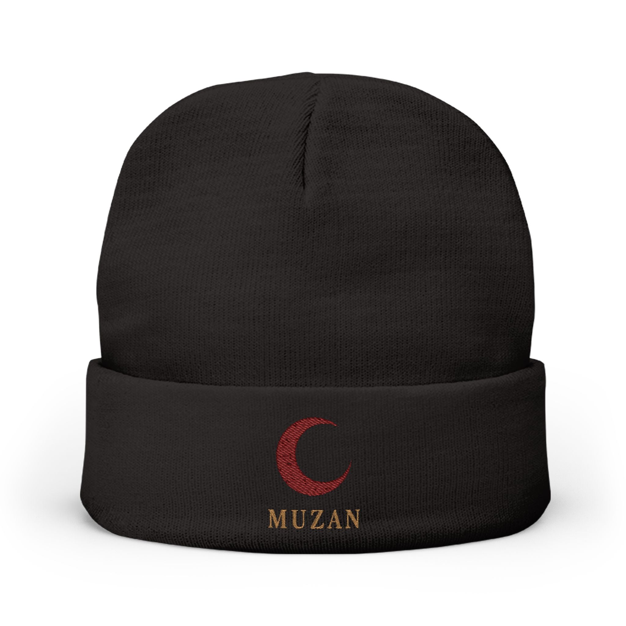 Red Crescent Moon Embroidered Knit Beanie | MUZAN embroidered cuff