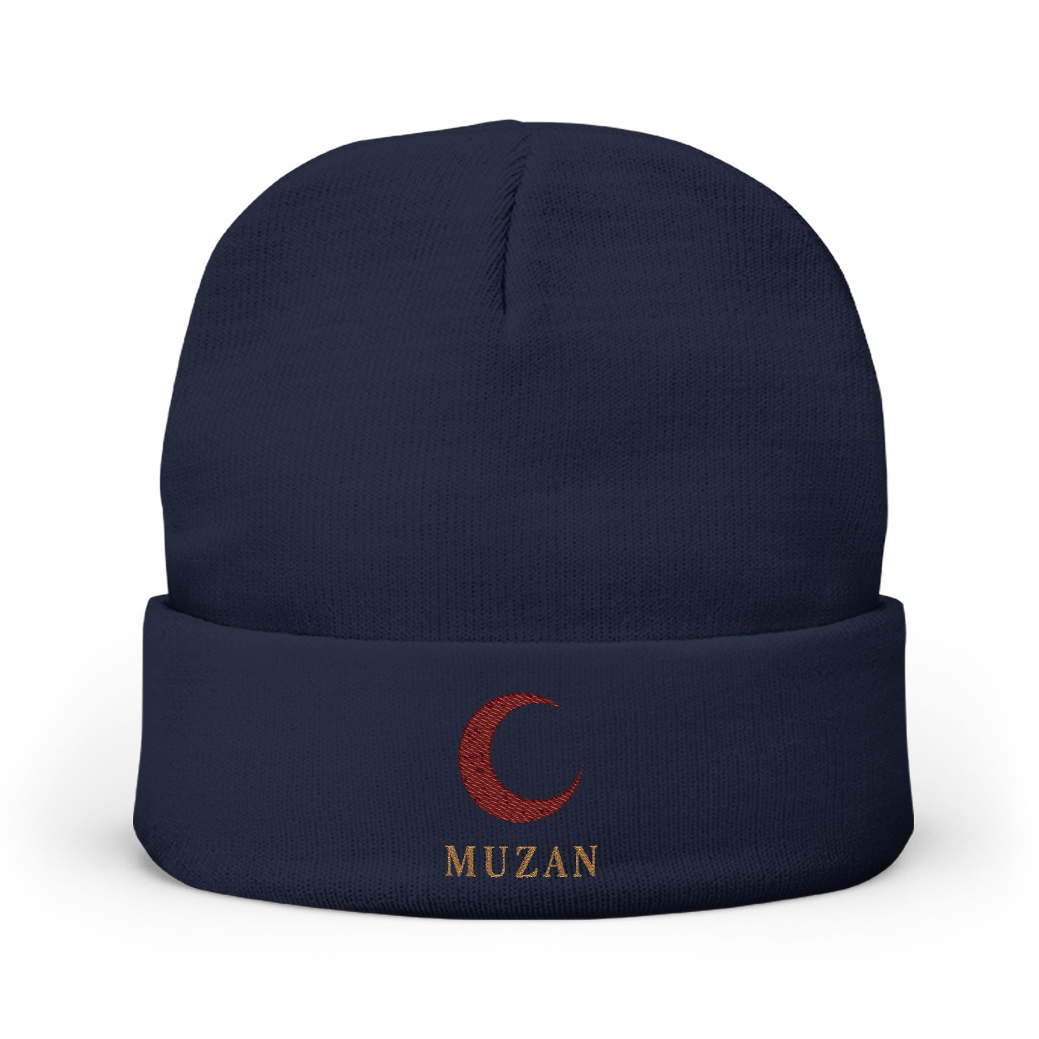 Red Crescent Moon Embroidered Knit Beanie | MUZAN embroidered cuff