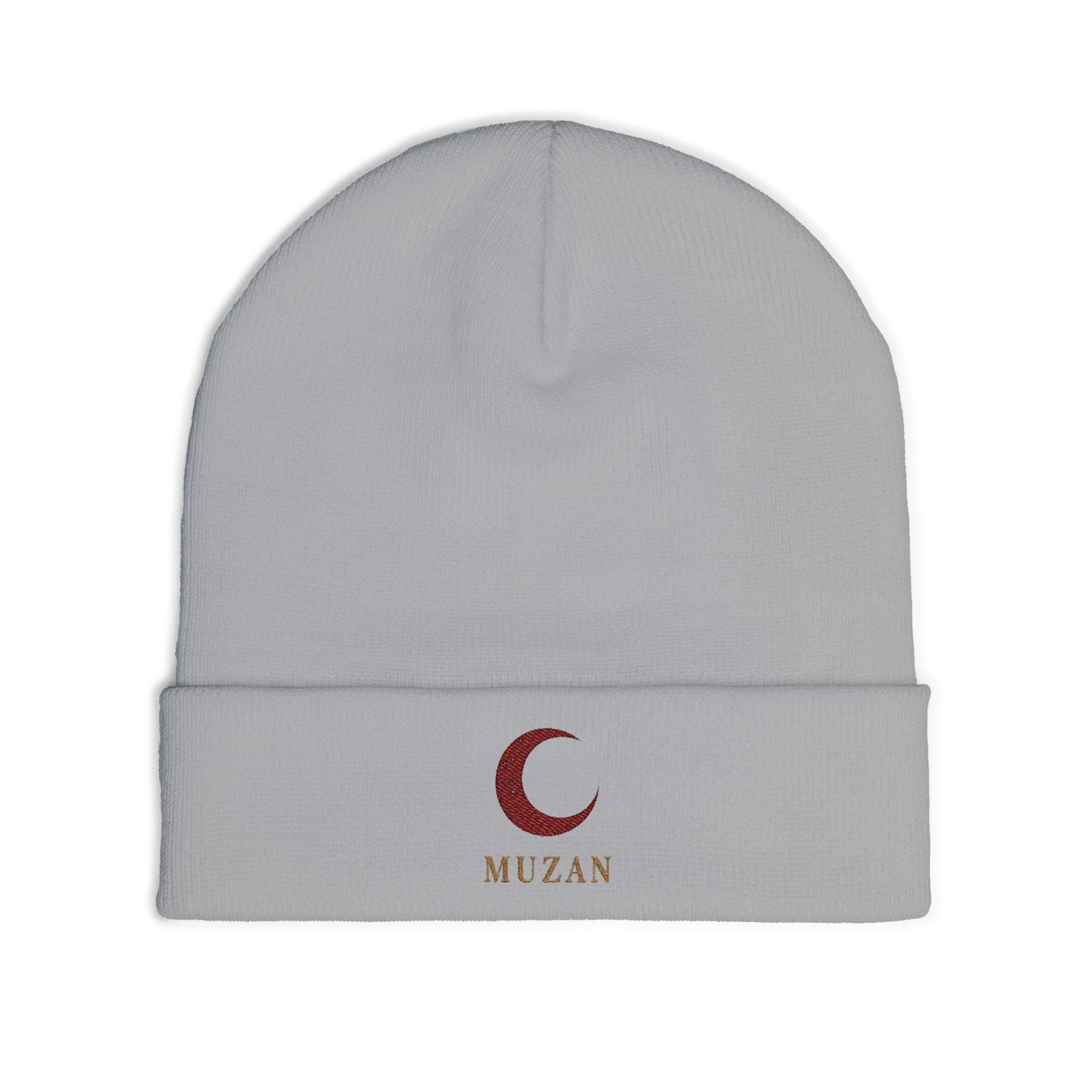 Red Crescent Moon Embroidered Knit Beanie | MUZAN embroidered cuff