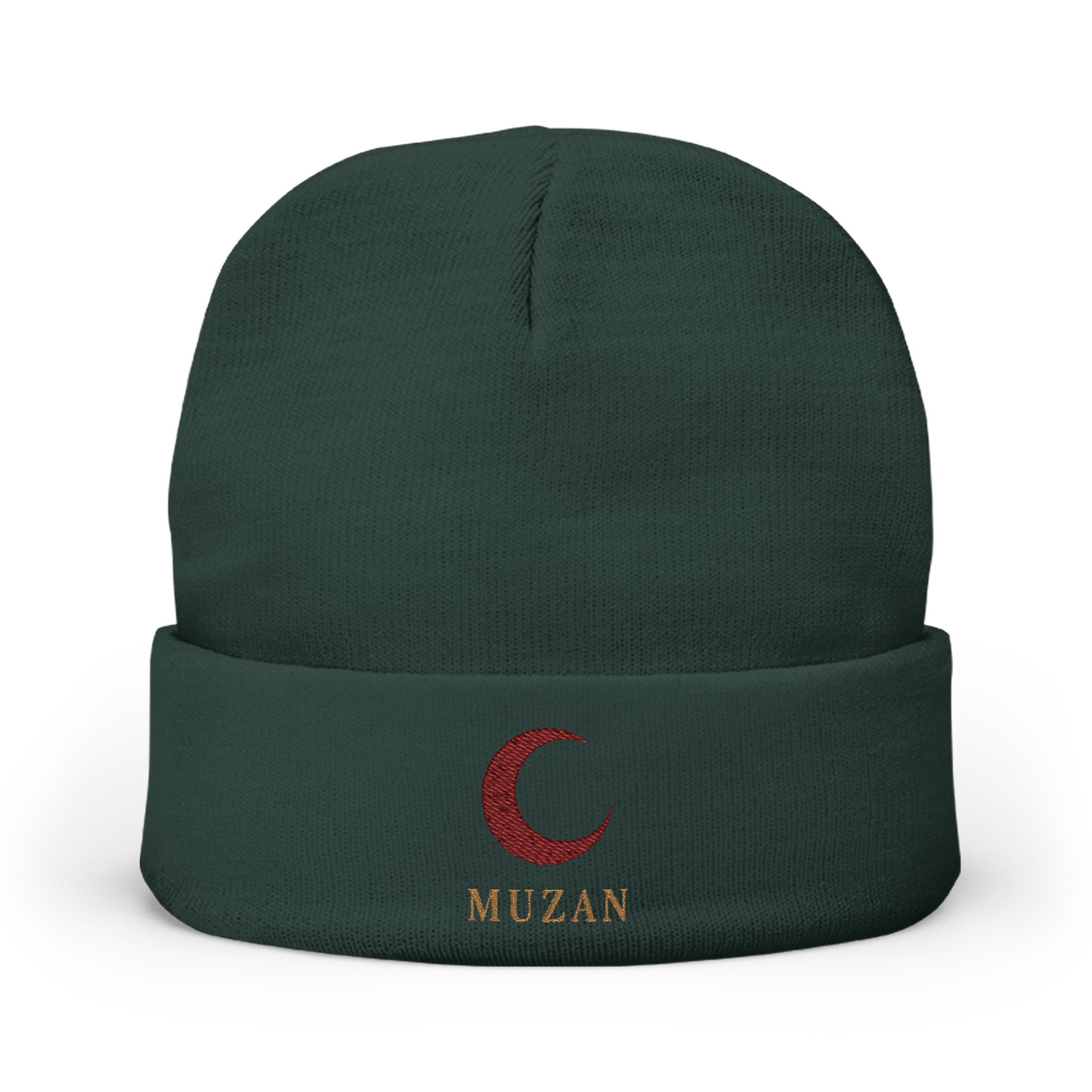 Red Crescent Moon Embroidered Knit Beanie | MUZAN embroidered cuff