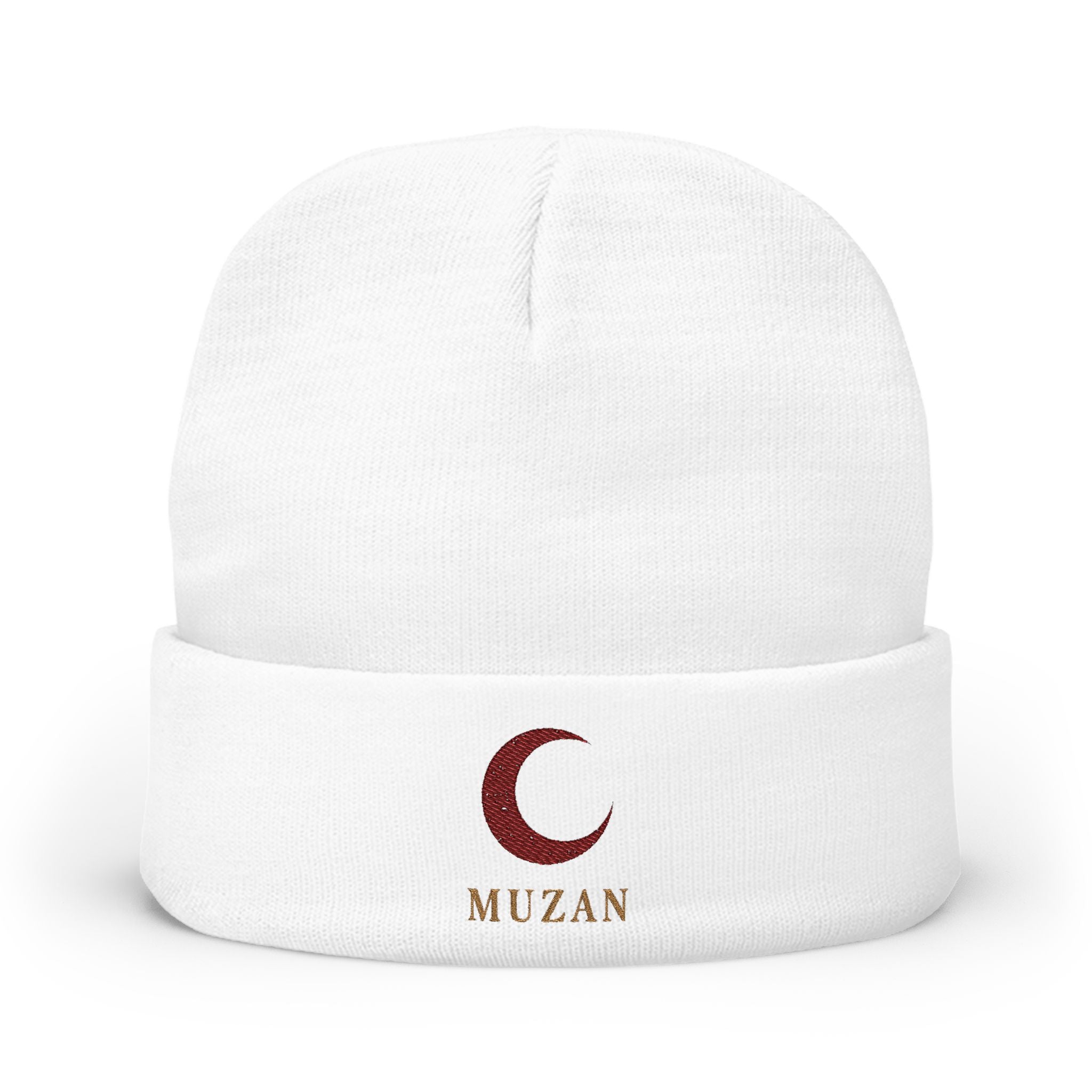 Red Crescent Moon Embroidered Knit Beanie | MUZAN embroidered cuff